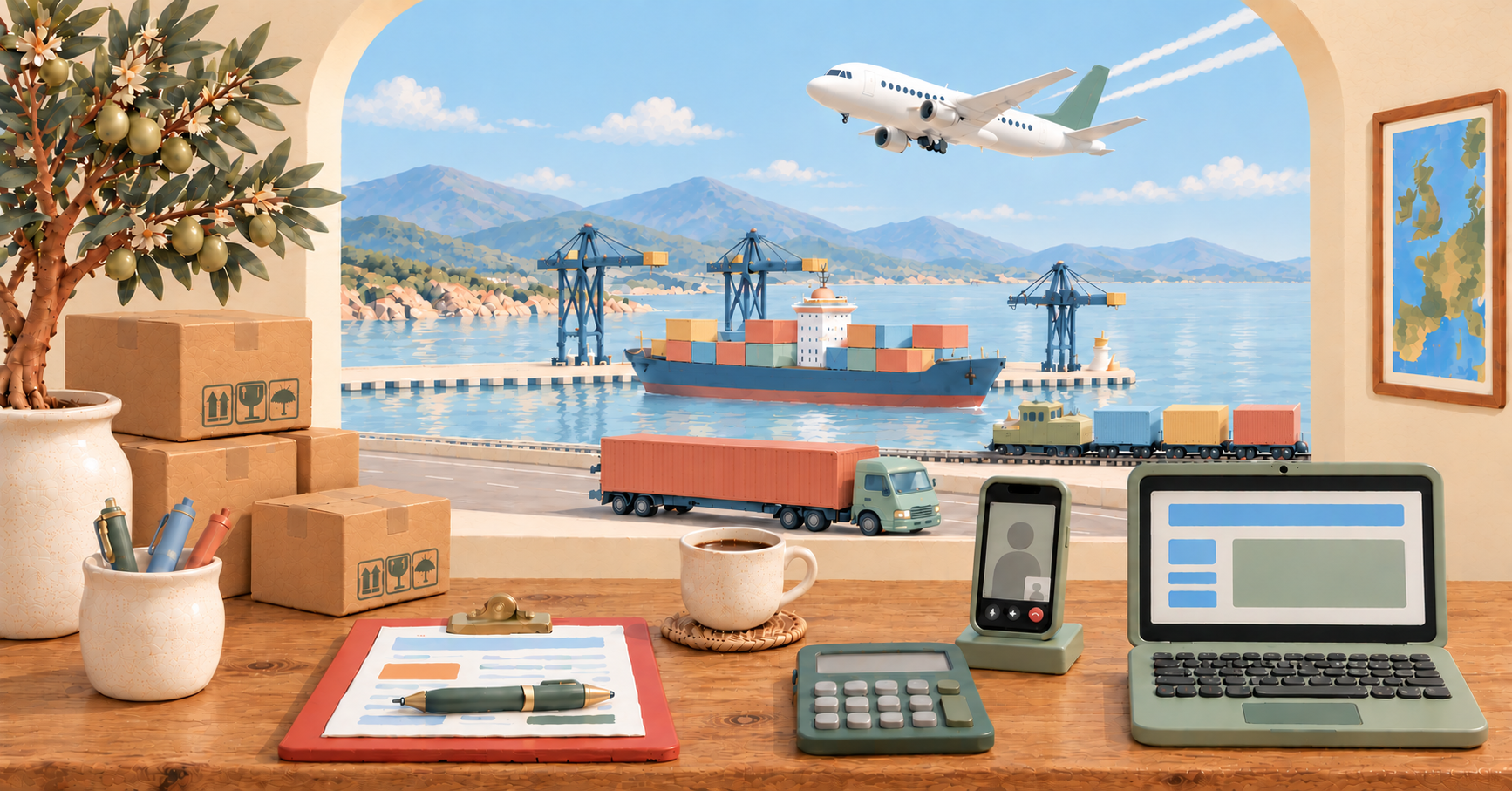 A hand-painted Mediterranean workspace representing exports, imports, customs, transport and supply chain, with a cargo ship, lorry, freight train and aircraft.