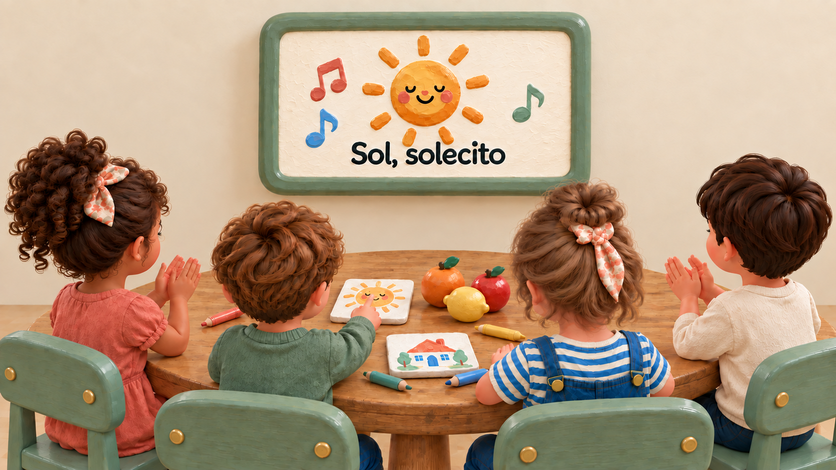 Children learning Spanish together around a rounded rustic oak table.
