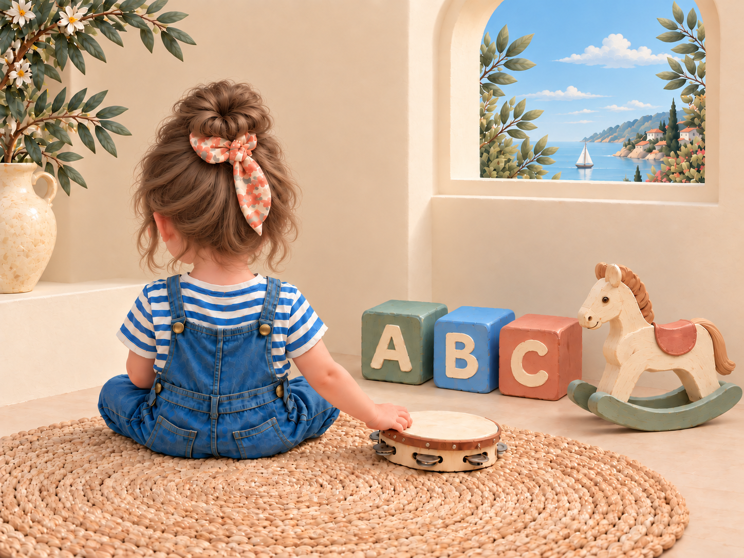 A child enjoying Spanish music and play with a tambourine, pastel alphabet blocks and a wooden rocking horse.
