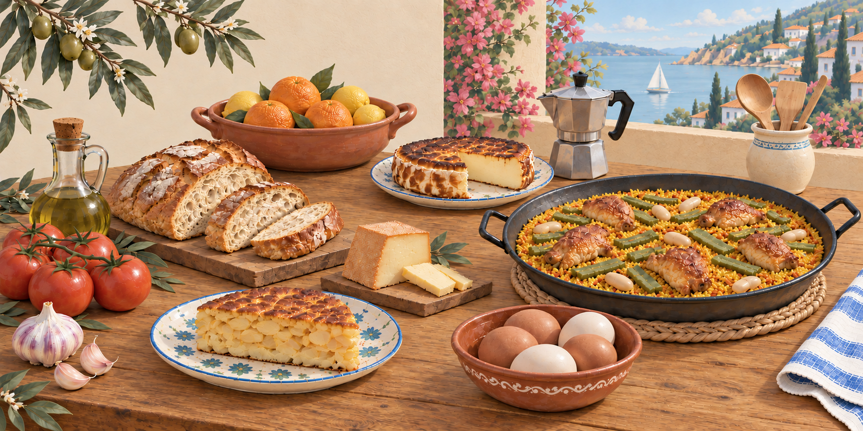 A painted Mediterranean kitchen table with Valencian paella, tortilla, Basque cheesecake, fresh bread, tomatoes, olive oil, cheese, eggs and citrus fruit.